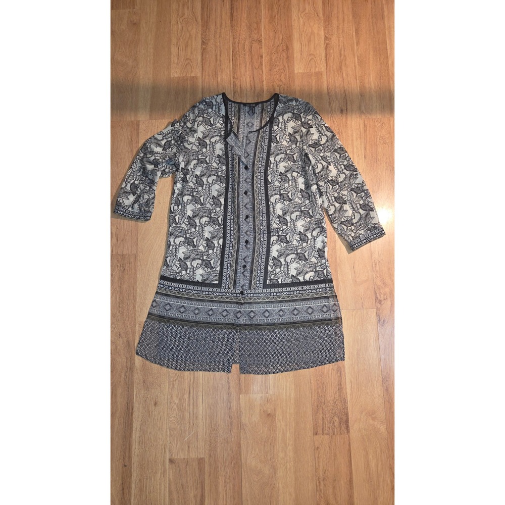 NIC+ZOE Monkey Tropical Leaf Print Tunic Blouse Black White Small